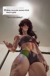 1girls abs beidou_(genshin_impact) eyepatch female female_abs female_only genshin_impact know_your_place light-skinned_female light_skin meme mildly_muscular_woman muscular muscular_female raiu81 tattoo thick_thighs