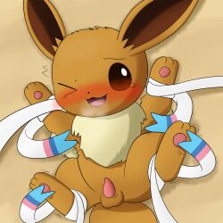 1:1 balls blush brown_body cub duo eevee eeveelution feral generation_1_pokemon generation_6_pokemon genitals hi_res male male_only nintendo one_eye_closed open_mouth pawpads paws penis pokemon pokemon_(species) ribbons spread_legs spreading sylveon tickling tokumei_tm video_games