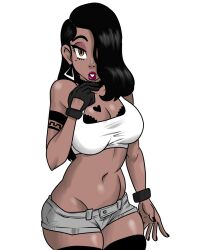 black_hair breasts dark-skinned_female dark_skin earrings gloves hair_over_one_eye lucakiny maria_villalpando midriff solo solo_female triangle_earrings yellow_eyes