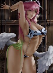 1girls arms_above_head ass ass_up back_arch barely_clothed bondage cleavage cow_girl cow_print_bikini female_only hands_behind_head hands_tied light-skinned_female light_skin long_hair looking_at_viewer navel pink_and_green_hair pink_hair restrained solo standing tagme tattoo thick_thighs tied_up underboob weisart wings worried worried_expression