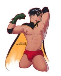 big_bulge bulge cape dc dc_comics flexing henriqueilustra huge_bulge kissing_bicep male male_only masked muscles muscular muscular_male robin_(dc) robin_(tim_drake) teen_boy tim_drake underwear