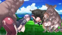 action_taimanin all_fours blue_sky breasts bull cum cum_in_pussy doggy_style field grass group_sex highres kamimura_maika large_breasts looking_at_viewer lucretia mama_wa_taimanin mizuki_shiranui open_mouth pig sex sex_from_behind sky taimanin_(series) taimanin_yukikaze third-party_edit yoshizawa_kana zoophilia