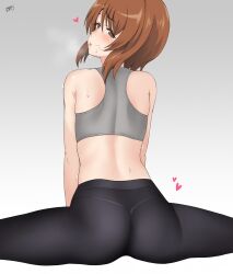 artist_name ass bangs black_leggings blush breath brown_eyes brown_hair daroon5 female from_behind girls_und_panzer gradient gradient_background grey_background grey_sports_bra half-closed_eyes heart highres leggings looking_at_viewer looking_back nishizumi_miho pants parted_lips see-through short_hair signature sitting solo split sports_bra sweat thong yoga_pants