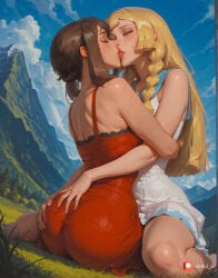 sleeveless breasts butt multiple_girls white_dress wide_hips grass female brown_hair long_hair mountain sky drool big_boobs yuri drooling big_ass sleeveless_dress ocean cloudy_sky mountainous_horizon rock ass_grab 2girls cloud outdoors field large_breasts horizon thick_thighs blush may_(pokemon) aisinful saliva blonde_hair water tongue_out beach blue_sky braid day ass big_butt ai_generated pokemon closed_eyes lillie_(pokemon) hi_res medium_breasts french_kiss rating:safe sitting dress kiss tongue