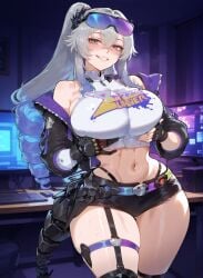 1girls ai_generated bare_shoulders big_ass big_breasts big_butt big_hips big_thighs black_thong blush boobaai breasts curvaceous curvaceous_female curvaceous_figure curvy curvy_figure deep_skin exposed exposed_midriff exposed_torso female female_focus fishnet_legwear front_view gamer_girl gamer_room glasses glasses_on_head gloves gray_eyes gray_hair groping hair hair_between_eyes hair_ornament hands_on_breasts hands_on_own_chest honkai:_star_rail horny horny_female hoyoverse huge_ass huge_breasts huge_butt huge_thighs indoors jacket_on_shoulders jacket_open large_ass light-skinned_female light_skin lips long_hair mechanical_glove mechanical_tail mihoyo minidress minishorts monitor monitors navel neon neon_lights parted_lips pc sexy short_clothing short_shorts silver_wolf_(honkai:_star_rail) silver_wolf_(lv.999)_(honkai:_star_rail) spiral_hair sweat thigh_strap thong thong_underwear toned_female toned_stomach top twintails voluptuous voluptuous_female wide_hips