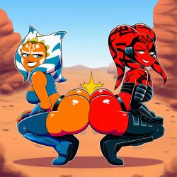 2girls ahsoka_tano ai_generated ass_to_ass blue_eyes blue_eyes_female butt_to_butt crouching darth_talon female_thick_thighs novelai orange_body orange_skin orange_skinned_female outdoors outside red_body red_skin red_skinned_female side_by_side side_view smug smug_face smug_smile star_wars star_wars_legends teeth teeth_showing twerking yellow_eyes yellow_eyes_female