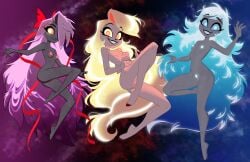 3girls angel blonde_hair blue_hair charlie_morningstar_(hazbin_hotel) color colored demon emily_(hazbin_hotel) female female_only floating glowing_eyes glowing_hair glowing_nipples grey_body hairbow hazbin_hotel hooves lewd_lexicon long_hair looking_at_viewer naked naked_female nude nude_female pubic_hair purple_hair smile vaggi_(hazbin_hotel) vaggie_(hazbin_hotel) vivienne_medrano vivziepop white_body