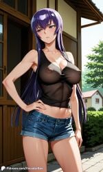 1girls ai_generated casual casual_nudity encoder female long_hair nipples outdoors public public_nudity saeko_busujima highschool_of_the_dead standing denim exhibitionism uncensored backyard house see-through see-through_clothing t-shirt shorts denim_shorts