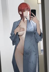 makima_(chainsaw_man) chainsaw_man ai_generated zloimakak 1girls solo female female_only red_hair phone selfie covering_breasts open_robe robe bathrobe open_bathrobe pinup