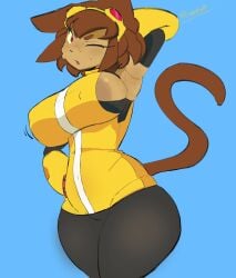 1girls anthro areola areola_slip armpits bare_shoulders breasts brown_hair brown_skin domestic_cat enderfox45 feline female female_only furry gameoverse glitch_productions goggles_on_head kit_(gameoverse) large_breasts looking_at_viewer nipple_bulge red_eyes sideboob solo stretching sweat tail thick_thighs tight_clothing wardrobe_malfunction yellow_dress
