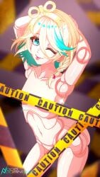 1girl absurdres armpits arms_behind_head arms_up ass bare_hips blonde_hair braid breasts caution_tape cecilia_immergold cecilia_immergreen colored_inner_hair commentary convenient_censoring doll doll_joints double-parted_bangs english_commentary flat_chest green_eyes green_streaks hair_between_eyes highres hololive hololive_english joints looking_at_viewer multicolored_hair navel noob_noobington nude one_eye_closed pixel_art self-upload short_hair side_braid signature simple_background single_braid small_breasts solo sparkle sparkling_eyes streaked_hair textless_version tongue tongue_out two-tone_hair virtual_youtuber watermark wind-up_key winding_key
