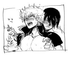 3boys big_pecs blush erect_nipples gay gintama gintoki_sakata looking_pleasured male male_only mmm_threesome monochrome nipple_stimulation nipple_suck one_eye_closed open_shirt pec_grab pecs popped_collar sakamoto_tatsuma smile sucking_male_nipple sucking_nipples sweat takasugi_shinsuke threesome upper_body yaoi