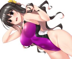 black_hair breasts competition_swimsuit cowboy_shot female hair_ribbon hand_in_own_hair highleg highleg_swimsuit highres kantai_collection large_breasts long_hair looking_at_viewer multicolored_hair naganami_(kantai_collection) oerba_yun_fang one-piece_swimsuit open_mouth pink_hair purple_one-piece_swimsuit ribbon simple_background solo swimsuit two-tone_hair wavy_hair white_background yellow_eyes yellow_ribbon yoshi_tama