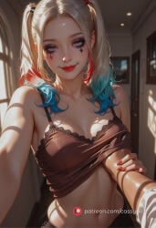 naked nude sexy horny blush curvy booty wide_hips thick_thighs round_ass round_butt round_breasts ai_generated slim_waist waifu harley_quinn suicide_squad twintails clown_makeup clown_girl runny_makeup running_mascara blue_hair red_hair blonde_hair three-tone_hair two-tone_hair purple_eyeshadow petite petite_body petite_female sidelocks breast_grab grabbing_breast grabbing_breasts hand_under_clothes cleavage cheeky petting stomach navel sex hetero 1boy1girl