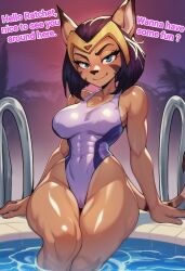 cocky69 ai_generated text ratchet_and_clank sasha_phyronix_(ratchet_and_clank) female female_only feline feline_humanoid brown_fur blue_eyes swimsuit pool breasts boobs sexy_body sexy_female