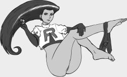 black_and_white feet feet_up game_freak grievesart half-dressed jessie_(pokemon) legs_together nintendo panties_around_leg pokeball pokemon pokemon_rgby pussy_peek team_rocket