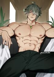 1boy abs alhaitham_(genshin_impact) biceps bulge daddy dilf erection erection_under_clothes eriimyon genshin_impact green_eyes green_hair hair_over_one_eye male male_only muscular muscular_male nipples omgbestie pants pecs topless topless_male