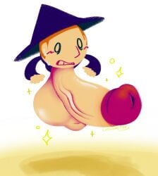 ball_with_hyper_features blue_eyes blue_hat blue_robe cock_shock coulromepink floating ginger ginger_hair hyper hyper_balls hyper_penis implied_growth looking_at_penis magic male male_only rhythm_heaven rhythm_tengoku shocked sparkles sweat sweatdrop sweating waddling_head wizard_(rhythm_heaven)