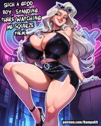 1girl ai_generated bare_shoulders black_cat_(marvel) black_cat_(marvel_rivals) black_crop_top black_skirt city_background cleavage collarbone drool earrings english_text felicia_hardy green_eyes high_heels huge_breasts leather_clothes licking_lips long_hair looking_at_viewer low_angle marvel marvel_comics marvel_rivals miniskirt neon_lights night rampa69 saliva shiny_skin smiling smug solo spider-man_(series) squeezing_breasts sunglasses_on_head sweat text thick_thighs tongue_out voluptuous white_gloves white_hair