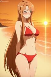 digitalwaifugallery ai_generated patreon seductive sexy uncensored watermark hi_res high_quality high_resolution yuuki_asuna sword_art_online 1girl swimsuit breasts long_hair bikini solo brown_hair brown_eyes red_bikini blush navel very_long_hair beach arms_behind_back sunset outdoors cleavage o-ring ocean cowboy_shot large_breasts medium_breasts sun standing o-ring_bikini sky groin closed_mouth collarbone underboob water