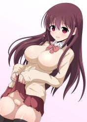 1girl black_thighhighs bow bowtie breasts cleft_of_venus clothes_lift commentary_request female female_only gradient_background highres large_breasts lifting_own_clothes long_hair matsumi_kuro no_panties open_mouth pink_bow pink_bowtie presenting_pussy purple_eyes purple_hair pussy red_skirt school_uniform shirt simple_background skirt solo standing straight_hair sweater thighhighs white_shirt xiao_rui_rui yellow_sweater