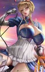 1girls artoria_pendragon artoria_pendragon_(fate) artoria_pendragon_(lancer) artoria_pendragon_(swimsuit_ruler) bent_over blonde_female blonde_hair clothed_female fate/grand_order fate_(series) female female_only high_heels large_breasts lexaiduer long_hair ponytail seductive solo solo_female tagme