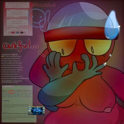 1:1 ambiguous_gender anon blush blushcrunch_studio bodily_fluids breasts dandy's_world dialogue english_text faceless_character female fossildusk gigi_(dandy's_world) hand_on_face hi_res overweight overweight_female profanity roblox slightly_chubby strawpage strawpage_request sweat text