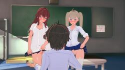 1boy 2girls 3d big_breasts blonde_hair blue_eyes blush breasts brown_hair classroom cleavage clothed clothing curvy female gamo-chan going_commando long_hair male medium_hair misteranswer multiple_girls naoto_hachioji_(senpai) please_don't_bully_me _nagatoro red_hair revealing_clothes school short_hair simple_background sitting skirt skirt_lift standing wide_hips yoshi_(nagatoro)
