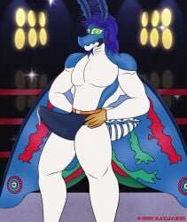 absurd_res antennae_(anatomy) anthro aroused arthropod blue_body blue_fur blue_hair bodily_fluids bulge camera_flash clothing cum cum_drip cum_in_clothing cum_through_clothing dripping erection fighting_ring fur genital_fluids green_eyes hair hand_on_hip hi_res insect kaejaris_(artist) leo_yokutan lepidopteran lights long_hair looking_at_viewer male mandibles moth multicolored_body precum public public_erection solo speedo swimwear tenting wet wet_clothing white_body white_fur wings yellow_hands