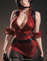 1girl ada_wong ai_generated bare_shoulders belt black_choker black_gloves black_hair black_pantyhose breasts choker cleavage collarbone cross dress gloves head_out_of_frame large_breasts lips no_bra nyx_x pantyhose partially_unbuttoned red_dress resident_evil sensitive short_dress short_hair solo thigh_strap