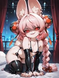 1girl :3 ai_generated all_fours animal_ears animal_nose anthro anthro_female bikini black_bikini bridal_gauntlets buckteeth bunny_ears bunny_girl bunny_nose bunny_tail ear_fluff evil_grin evil_smile footless_legwear footless_thighhighs fur furry furry_female gesugao glowing_eyes hair_ornament hair_ribbon half-closed_eyes hotel_room huge_thighs indoors latex_clothing latex_thighhighs long_ears long_hair looking_at_viewer mr.mawile neon_lights on_bed paws pink_hair rabbit rabbit_girl rabbit_humanoid rabbit_tail red_eyes shaded_face shortstack small_breasts smaller_female thick_eyebrows thick_thighs twin_braids white_fur wide_hips zenless_zone_zero zhao_(zenless_zone_zero)