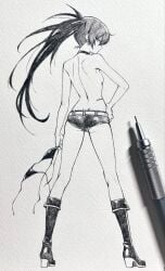 seishun_dendeke black_rock_shooter black_rock_shooter_(character) graphite_(medium) highres traditional_media 1girl art_tools_in_frame ass boots bra breasts choker dimples_of_venus full_body greyscale hand_on_own_hip holding holding_bra holding_underwear holding_unworn_clothes long_hair looking_back median_furrow monochrome ponytail short_shorts shorts simple_background small_breasts solo standing topless_female underwear very_long_hair white_background