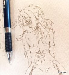 1girls solo female_only female female_focus long_hair shoulders slim_waist slim_female narrow_waist slender_waist slender_body lean_figure white_background simple_background upper_body hair_between_eyes looking_at_viewer 2d 2d_(artwork) 2d_artwork drawing bocchi_the_rock! kita_ikuyo one_side_up teenager teenage_girl teen_girl young_female young_woman school_girl high_school_student looking_back looking_back_at_viewer looking_up looking_up_at_viewer blushing flushed blushing_female blush_face flushed_face blushing_at_viewer blush_lines blushing_lines open_mouth parted_lips tongue eyebrows_visible_through_hair tilted_head head_tilt back median_furrow shoulder_blades dimples_of_venus back_dimples back-tie_bikini back-tie_swimwear sim_evo monochrome monochrome_background black_and_white greyscale gloves elbow_gloves long_gloves sweat sweatdrop sweating sweaty sweaty_body sweat_on_body sweaty_female sweaty_face sweat_on_face sweaty_back sweaty_sex condom condoms used_condom condom_filling filled_condom cum_in_condom semen_in_condom cum_filled_condom condoms_on_body condom_on_ass condom_on_butt holding_condom pink_condom sketch sketch_page sketch_lines twitching quiver spasms twitch_lines
