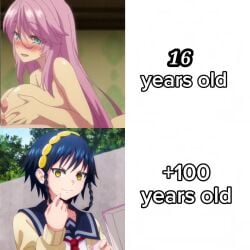 1boy 2girls age_difference anime azuma_tobera big_breasts female flare_arlgrande_jioral flat_chest granny kaifuku_jutsushi_no_yarinaoshi looking_at_viewer mato_seihei_no_slave meme naked older_female redo_of_healer teenager tnk_(company) younger_female