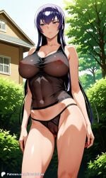 1girls ai_generated casual casual_nudity encoder female long_hair nipples outdoors public public_nudity saeko_busujima highschool_of_the_dead standing exhibitionism uncensored backyard house see-through see-through_clothing t-shirt panties