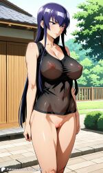 1girls ai_generated casual casual_nudity encoder female long_hair nipples outdoors public public_nudity saeko_busujima highschool_of_the_dead standing exhibitionism uncensored backyard house see-through see-through_clothing t-shirt bottomless vagina pussy