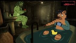 anthro bane_(pickels-hyena) bath casual_nudity duo fallout hyena male male/male mammal microsoft nude pickles-hyena rubber_duck sitting super_mutant_(fallout) tanner_(paladin46) worried