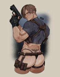 1boy ass ass_focus ass_out harness human_art human_artist kiito kiito.illust kiito.illust_(artist) leon_scott_kennedy male_only no_ai resident_evil solo solo_focus solo_male solo_man tramp_stamp