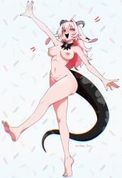 pukey_goddess_shot_trick femme_soule drunken_goddess_reflux unreal_fish 1girls solo female female_only light_skin light-skinned_female big_breasts breasts nipples areolae exposed_breasts no_bra no_panties tail horns pink_hair long_hair heterochromia symbol-shaped_pupils red_eyes smile open_mouth open_smile collar bell_collar waist navel belly stomach hips thighs thick_thighs legs feet barefoot tiptoes standing full_body highres nude naked completely_nude looking_at_viewer spread_arms cheerful excited walking nail_polish black_nails toenail_polish
