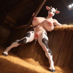 ai_generated ai_model_anima ai_comfyui cow_girl cow_ears cow_horns hooved_toes hooves huge_breasts big_breasts lactation lactating lactation_without_expressing lactating_nipples presenting_pussy thighs_spread thighs_apart barn straw holstein_friesian_cattle hyper_breasts inviting friendly saggy_breasts bovid bovid_humanoid bovine_humanoid bovine self_upload