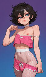 1boy 4k absurd_res ai_generated androgynous armpit_crease armpits bare_shoulders black_hair blue_background blue_eyes bulge camisole choker clavicle closed_mouth clothes_pull clothing collarbone covered_navel cowboy_shot crop_top crossdressing dolphin_shorts eyelashes eyeshadow femboy fishnet_legwear fishnet_pantyhose fishnets gradient gradient_background hair_between_eyes hi_res high-waist_pantyhose high_resolution highres illustrious_(stable_diffusion) jaja_ai legwear lips makeup male male_focus male_only medium_hair midriff my_femboy_roommate navel nipple_slip nipples otoko_no_ko pantyhose pink_camisole pink_shorts portrait_format pulled_by_self purple_background robin_(my_femboy_roommate) self_upload short_hair short_shorts shorts simple_background smile solo spaghetti_strap stable_diffusion standing strap_slip trap uncensored very_high_resolution wai-nsfw-illustrious-sdxl wardrobe_malfunction white_choker