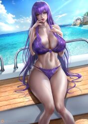 1girls big_breasts blue_eyes bra breasts highschool_of_the_dead lexaiduer light-skinned_female light_skin lingerie panties purple_bra purple_hair purple_lingerie purple_panties saeko_busujima solo