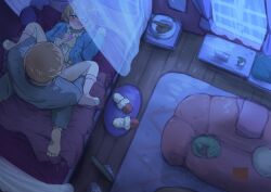 1boy 1girl absurdres blue_jacket from_above hetero highres idolmaster idolmaster_cinderella_girls indoors jacket koga_koharu lying missionary night on_back on_bed sex spread_legs tomawarinosuizou wide_shot