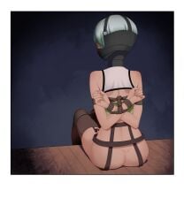 1girl 1girls arms_behind_back arms_tied_behind_back ass bondage bondage_gear bondage_outfit bound bound_arms bound_legs bound_wrists butt collar collared dark-skinned_female dark_skin emerald_sustrai female female_only femsub gag gagged_female gagging garter_straps green_hair hands_behind_back legs_tied leovee panel_gag rope rwby shibari tagme tied_arms tied_hands tied_legs tied_up