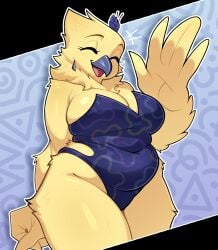 original original_character oc klaire_(irri) budoti 2d 2025 solo solo_female solo_anthro 1girls 1female female female_only female_anthro anthro anthro_only anthro_female feathers avian bird open_mouth open_beak beak eyes_closed earrings jewelry standing bare_shoulders arm_behind_back hand_behind_back cleavage breasts boobs tits waving front_view biped leotard flower_in_hair flower_accessory open_smile smile thighs thighs_together thick_thighs big_thighs yellow_body yellow_feathers feather_hands glistening
