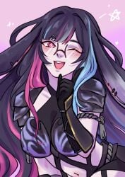 absurdres animal_ears armor black_hair blue_hair breasts ear_piercing ebony_odogaron freckles glasses gloves highres japanese_armor monster_hunter_(series) monster_hunter_wilds nallena_vwolf odogaron_(armor) open_mouth piercing pink_eyes pink_hair rabbit_ears rayjang_hc teeth white_hair