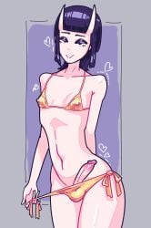 1boy 1femboy angry_peach_(character) angrypeach0 big_penis black_eyes black_eyeshadow black_hair crossdressing demon demon_boy demon_girl demon_horns eyeshadow femboy gay golden_bikini hard_cock nipple_piercing nipples nipples_visible_through_clothing pink_penis pulling_clothing pulling_own_clothes pulling_panties purple_hair sissy solo stretched_clothing stretched_underwear stretching tagme trap violet_hair