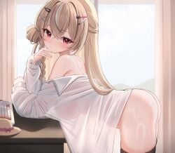 1girls absurdres ass bare_shoulders black_thighhighs blush bottomless breasts closed_mouth embarrassed female female_focus female_only from_side gyechunhoe hair_ornament highres hiyayo25 indie_virtual_youtuber large_breasts legwear long_hair long_sleeves looking_at_viewer loose_clothes multicolored_hair naked_shirt no_panties red_eyes see-through_clothes see-through_shirt shirt solo streaked_hair sweat thighhighs thighs virtual_youtuber white_shirt x_hair_ornament