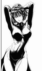 1girls fubuki_(one-punch_man) one-punch_man black_hair hair short_hair black_eyes monochrome black_and_white mostlybluewyatt big_breasts breasts solo solo_female female female_only tatsumaki_(cosplay) cosplay black_dress dress clothing smile arms_behind_head wide_hips hips pelvic_curtain thighs alternate_version_available textless textless_version shading