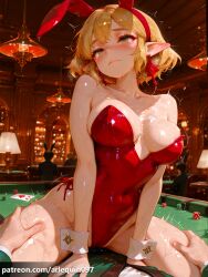 1boy 1girl ai_generated animal_ears arlequin097 bangs bare_hips bare_shoulders blonde_hair blush breasts cleavage closed_mouth collarbone covered_navel earrings elf fake_animal_ears girl_on_top green_eyes hairband hetero highleg highleg_leotard indoors jewelry lamp large_breasts leotard necktie playboy_bunny pointy_ears poker_chip rabbit_ears red_hairband red_leotard short_hair sitting solo_focus straddling strapless strapless_leotard sweat table thigh_grab thighs wrist_cuffs
